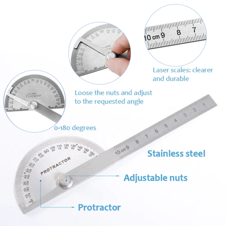 Stainless Steel Protractor Angle Ruler Measuring Tool 180 Degree Angle ...