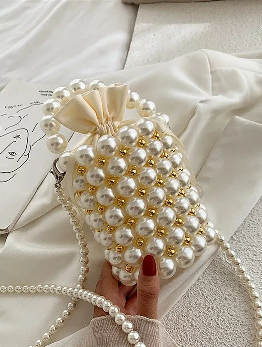 Mini Bucket Bag Faux Pearl Beaded Design