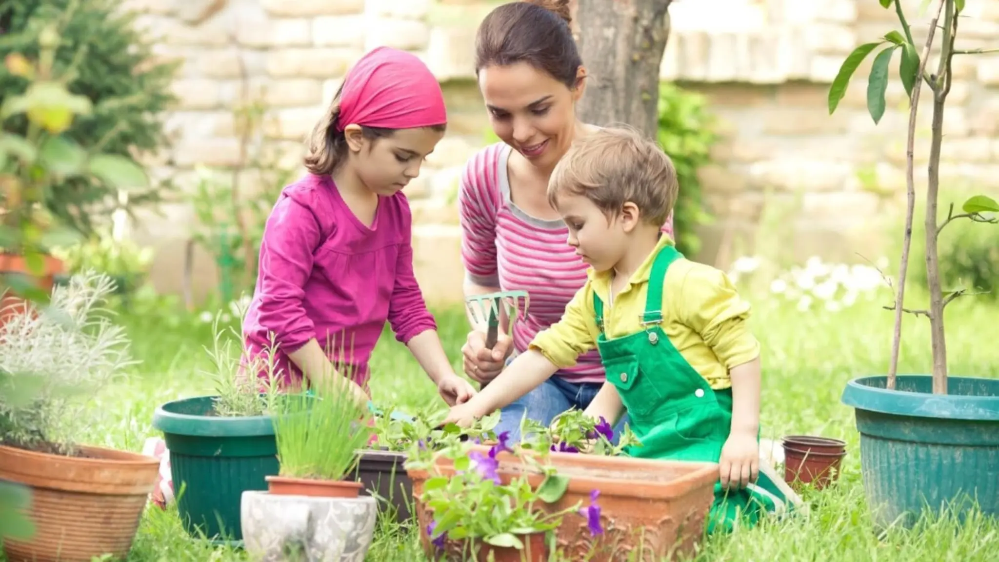 We usually play in the garden. Семья в саду. Садоводство для детей. Хобби для детей. Детские увлечения.