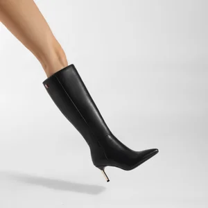 Moncheer Women's Black Knee-High Stiletto Boots Pointed Toe Elegant Dress Boots with Gold Heel