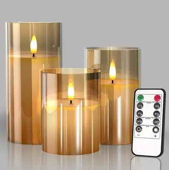 Glass Battery Operated LED Flameless Candles Real Wax Candles Flickering Light with Remote for Wedding Home Party Decor