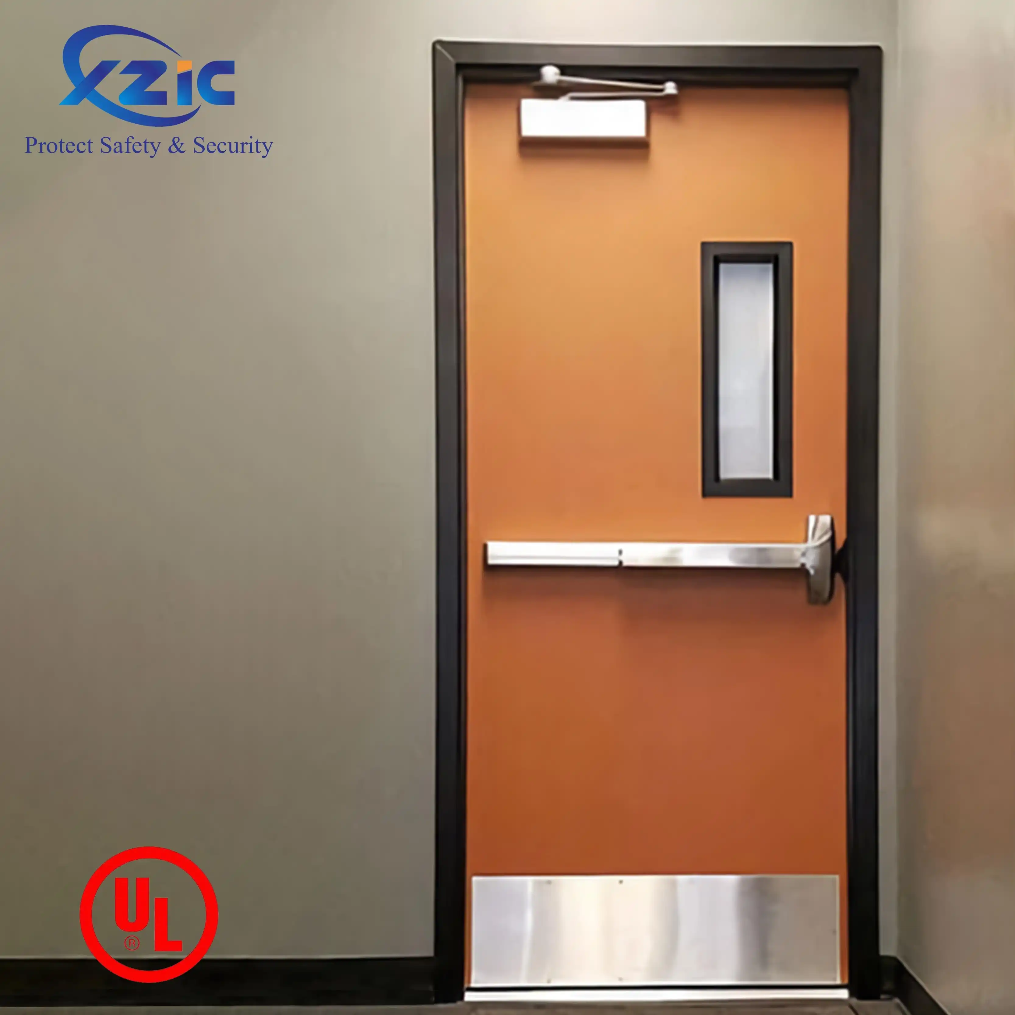 UL Fire Resistant Door With Panic Push Bar and Glass Steel Hollow Metal Commercial