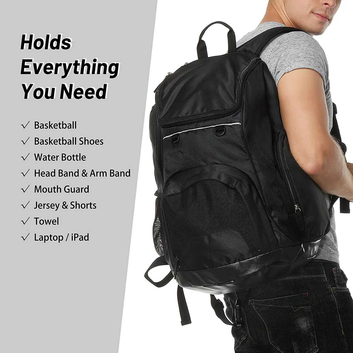 Athletic Basketball Backpack, Lightweight Sports and Gym Day Pack with Bottom Ball Compartment