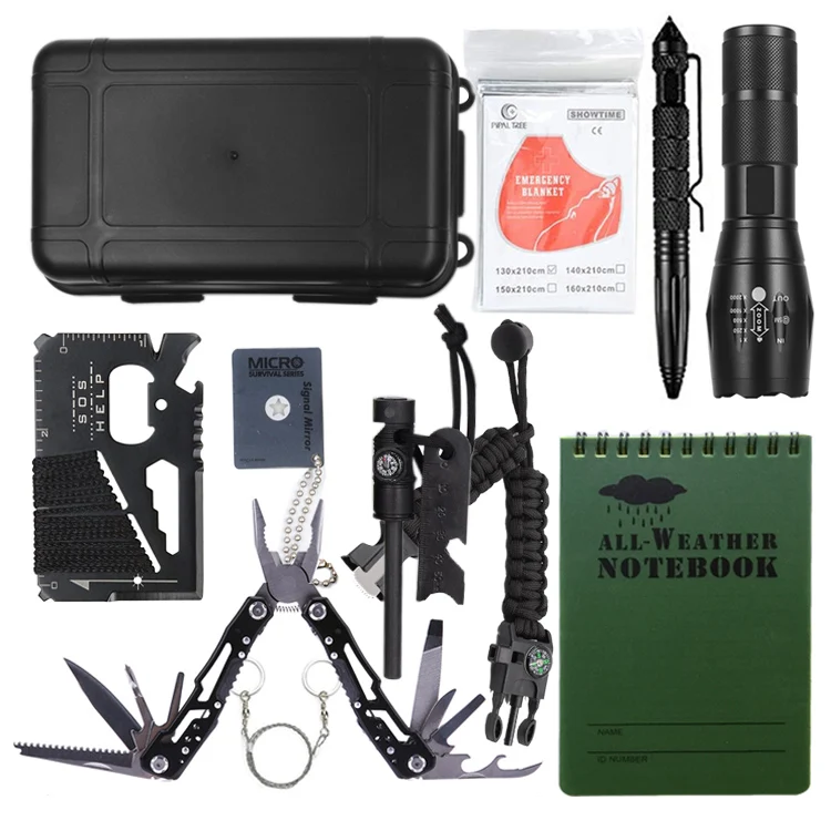 Customized Camping Survival Gear Kit Outdoor Emergency Survival Kit with Tactical Pen Plier Waterproof Notebook