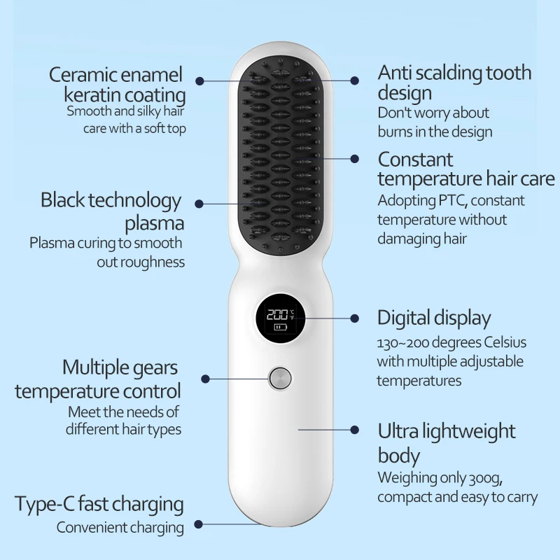 Professional New Hair Straightening Brush Wireless LCD Display Electric Ceramic Hair Straightener Dry Wet Salon Hair Comb MCH