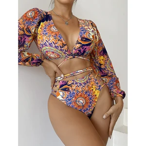 2026 New Floral Print Long Sleeve Cutout One - Piece Swimsuit Women's Sexy Beachwear