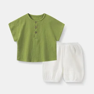 Muslin Solid Baby Clothes Casual Summer Two-Piece 100% Cotton Breathable Gauze Vest Short Outfit