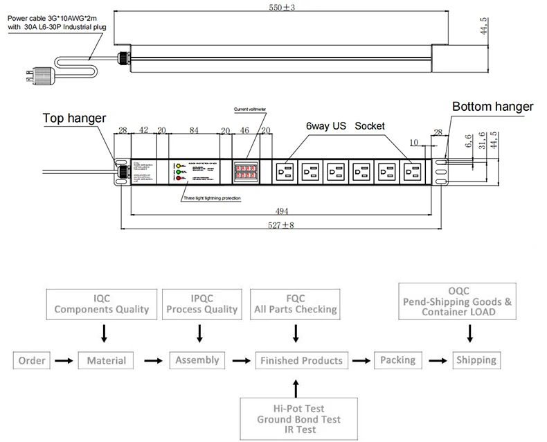 6way 30amp 240V PDU With L6-30P Industrial Plug USA PDU High power rack type intelligent PDU socket