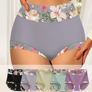 Hot Sale Ladies High Waist Printed Briefs Multi-Color Sexy Breathable Wholesale Underwear for Beach Vacation Plain Dyed Panties