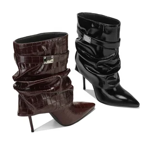 Women's Ankle Boots Pointed Toe High Heel Shoes for Woman Western Style Custom Slouchy Pointed Toe Croc Embossed Stiletto Boots