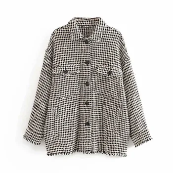Twill Tweed Jacket Women Vintage Single Breasted Tassel Coat Houndstooth Jacket Plus Size Oversize Coat