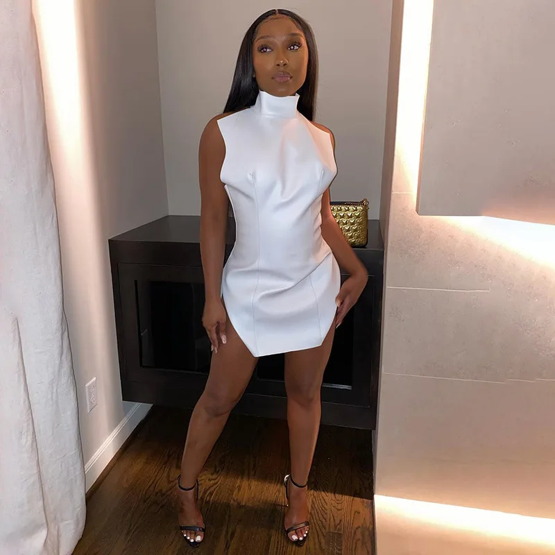 2021 Turtle Neck Backless PU Leather Slit Sleeveles Ladies Club Wear Sexy Mini White Party Dress with Splits Short Women Dresses
