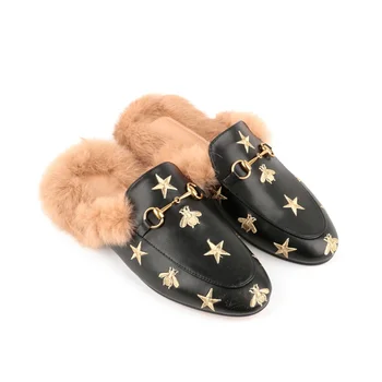 Winter Real Fur Gold Button Decoration Mules Plush Women Shoes Loafers Slip On Casual Shoes Women