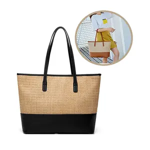 Chic Trendy Beach Bag Straw Bags Delicate Straw Leather Women Large Straw Handbags for Girl Ladies for Travel Shopping Beach