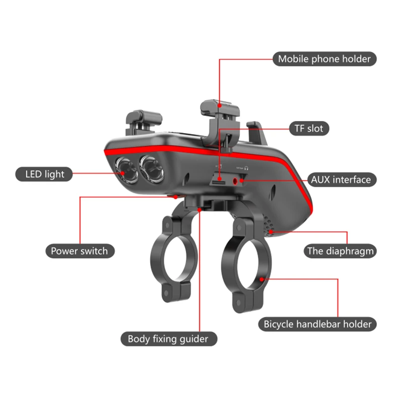Multifunctional  10-in-1 LED Light Power Bank Bike Horn Microphone Bike Bluetooth Speakers for Mountain Bike Casual Cycling