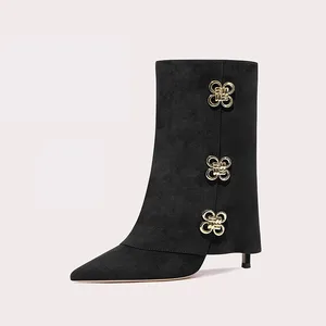 Designer Thin Heels Short Boots Customized Black High Heels with Flower Stiletto Heel Boots Lady Pointed Boots Mid-calf Shoes