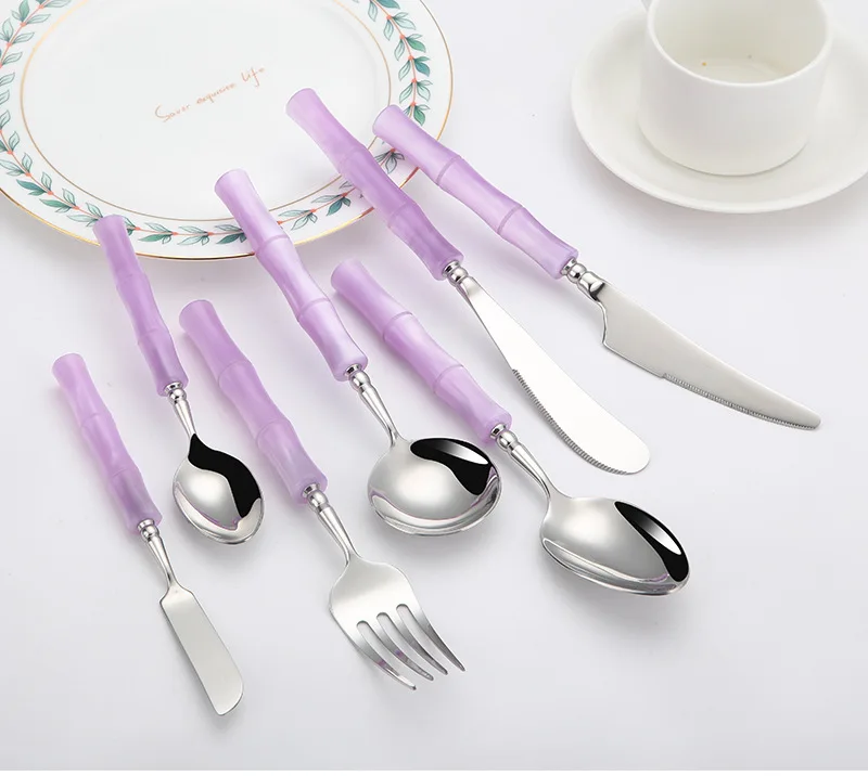 High Quality 18/10 Flatware Set Violet Acrylic Handle Stainless Steel Knife Fork Spoon Silverware Restaurant Cutlery Set