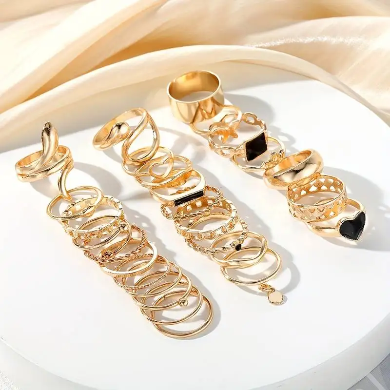 27pcs Punk Exaggerated Ring Set Trendy Patterns Y2k Vintage