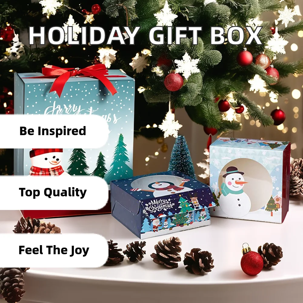 Caja de regalo navideña personalizada de papel kraft con ventana, para caramelos, galletas, productos de repostería, copos de nieve, nueces y otros dulces; con barnizado y asa, apta para uso festivo