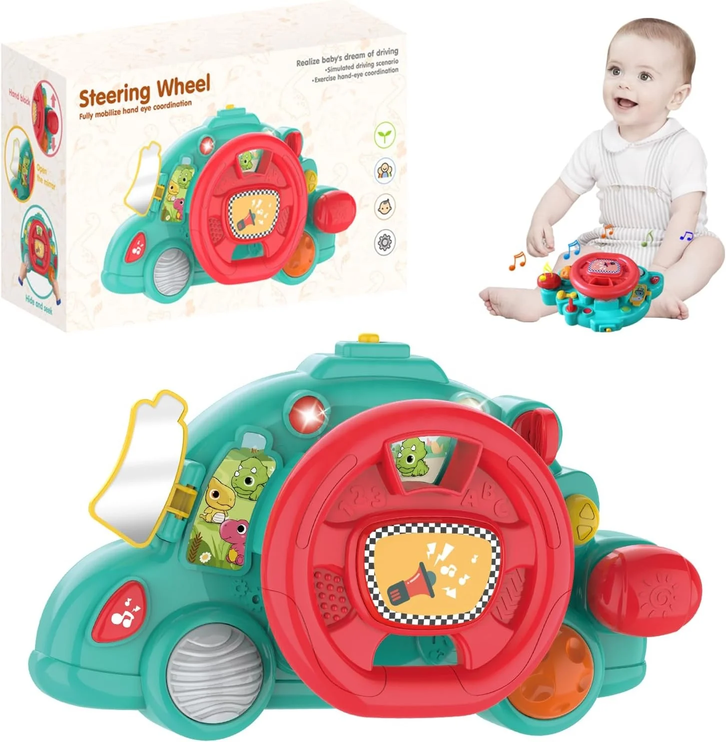 Toddler Steering Wheel Toy Simulation Driving Function Turn Signals Horn  and Music for Stroller Baby Car Seat Toy