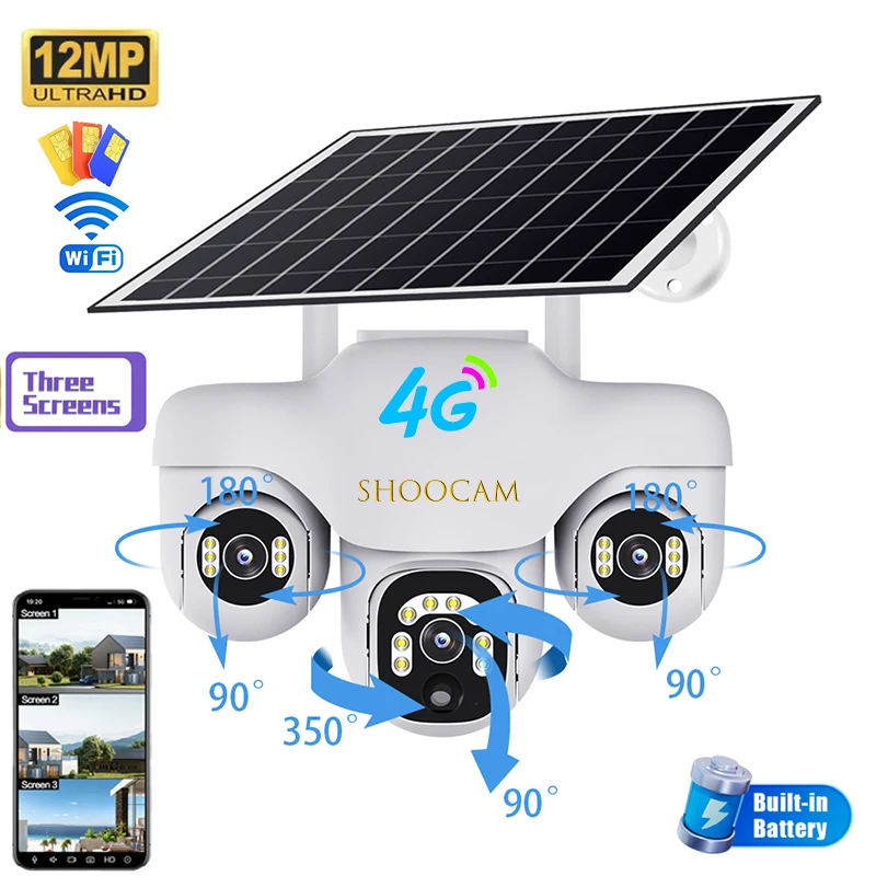 12MP 3-Lens Solar Battery Security Camera – Wireless PTZ WiFi Outdoor Home Surveillance With Night Vision & 10x Zoom