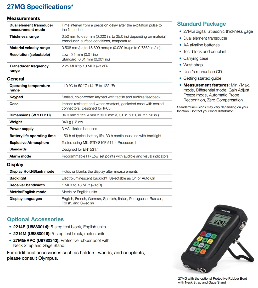 Digital Ultrasonic Thickness Gauge 27mg Olympus Designed For Inspection