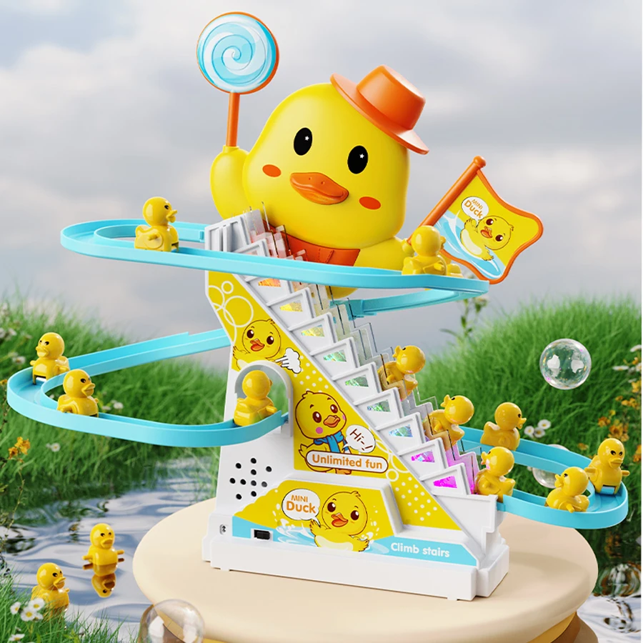 Children's Duck Climbing Stairs Toy Electric Track Automatic Stairs Duck Slide Light Music Puzzle Early Education Toy