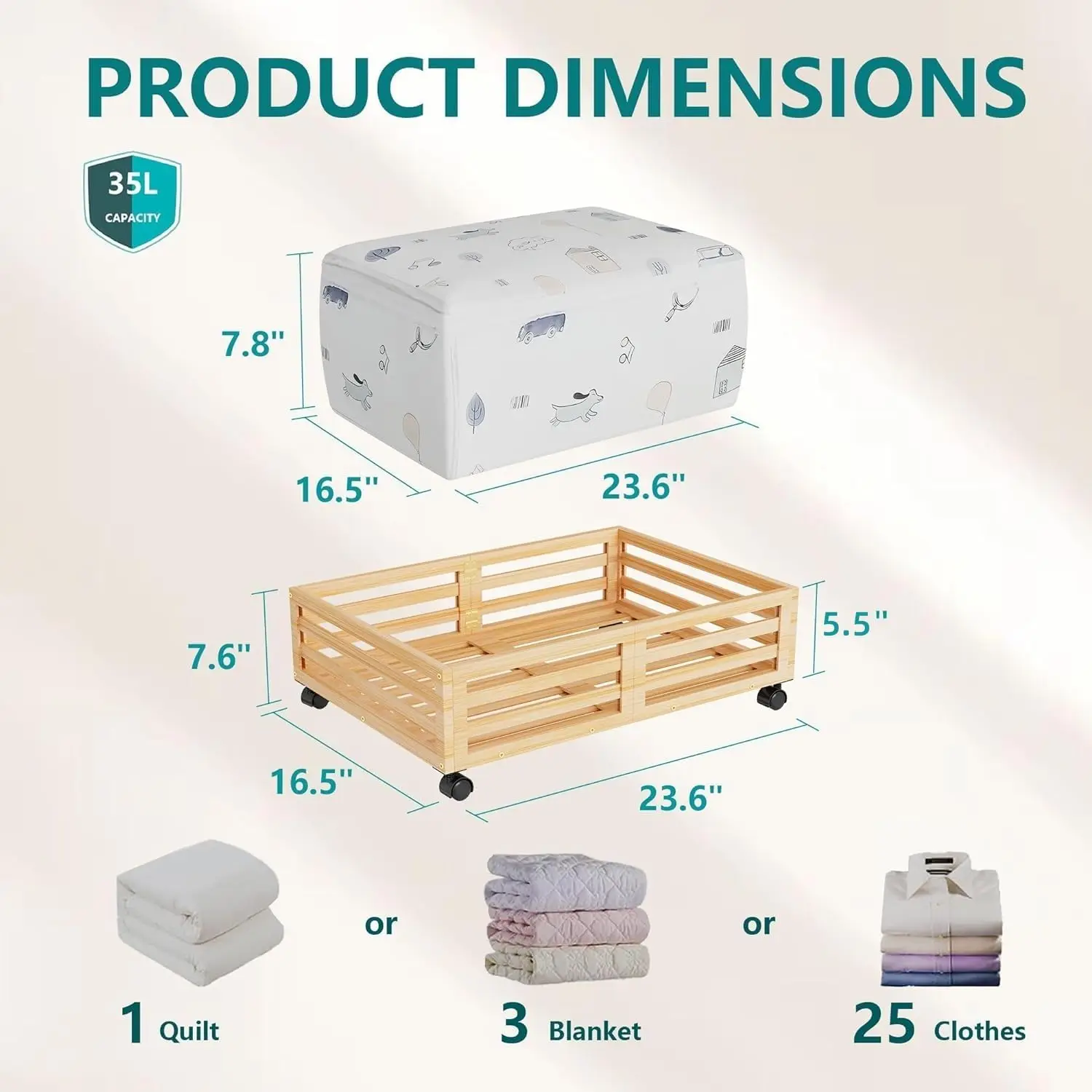 Bamboo Under Bed Storage Containers Underbed Organizer with Wheels with Large Dust Bag Sturdy Wood Rolling Under the Bed