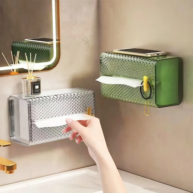 Modern Luxury Diamond Pattern Tissue Box Wall Mount / Desktop Face Tissue Holder for Home Bathroom Decor Storage Organizer