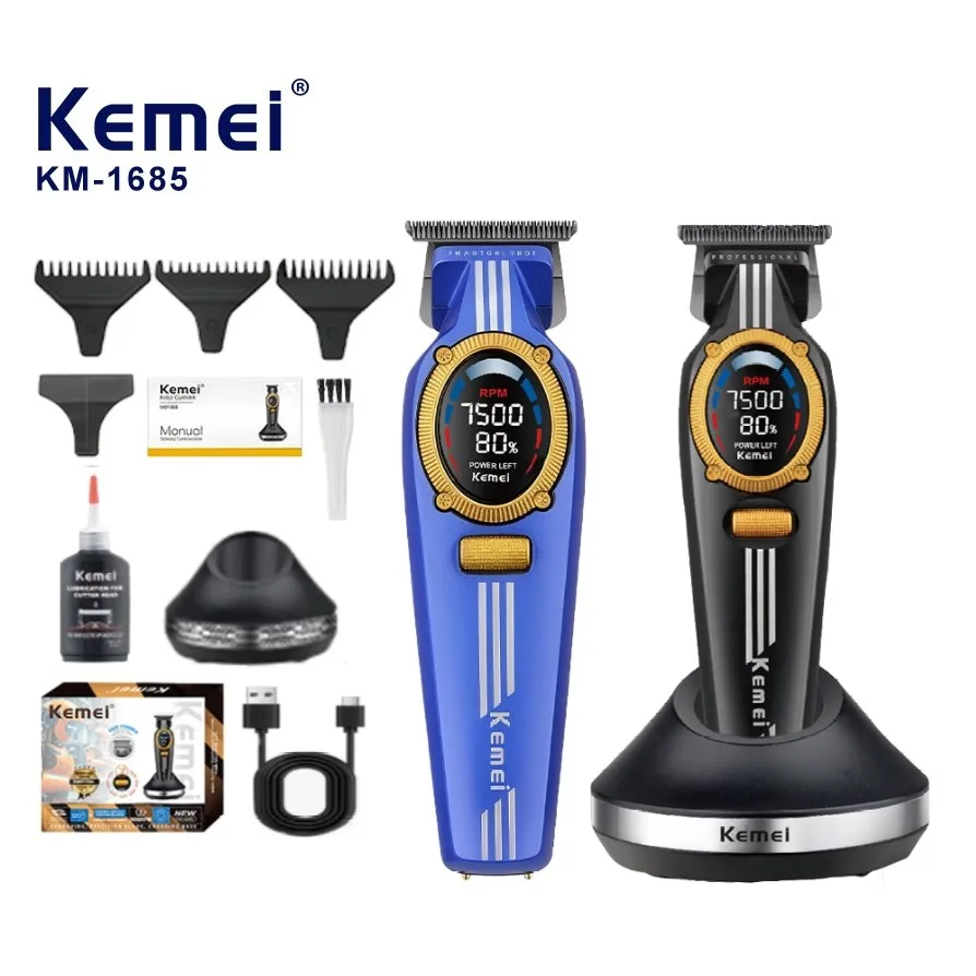 Kemei KM-1685, rasoir rechargeable pour barbe, lame en céramique avec revêtement métallique, 9000 tr/min, 7 vitesses, tondeuse métallique pour cheveux avec station de chargement