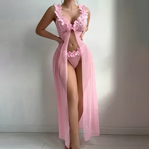 2026 Hot Women Sexy Pink Honeymoon Transparent Pajamas Bodysuits Lace Light Lingerie Sleepwear Long Dress Lingerie Sets