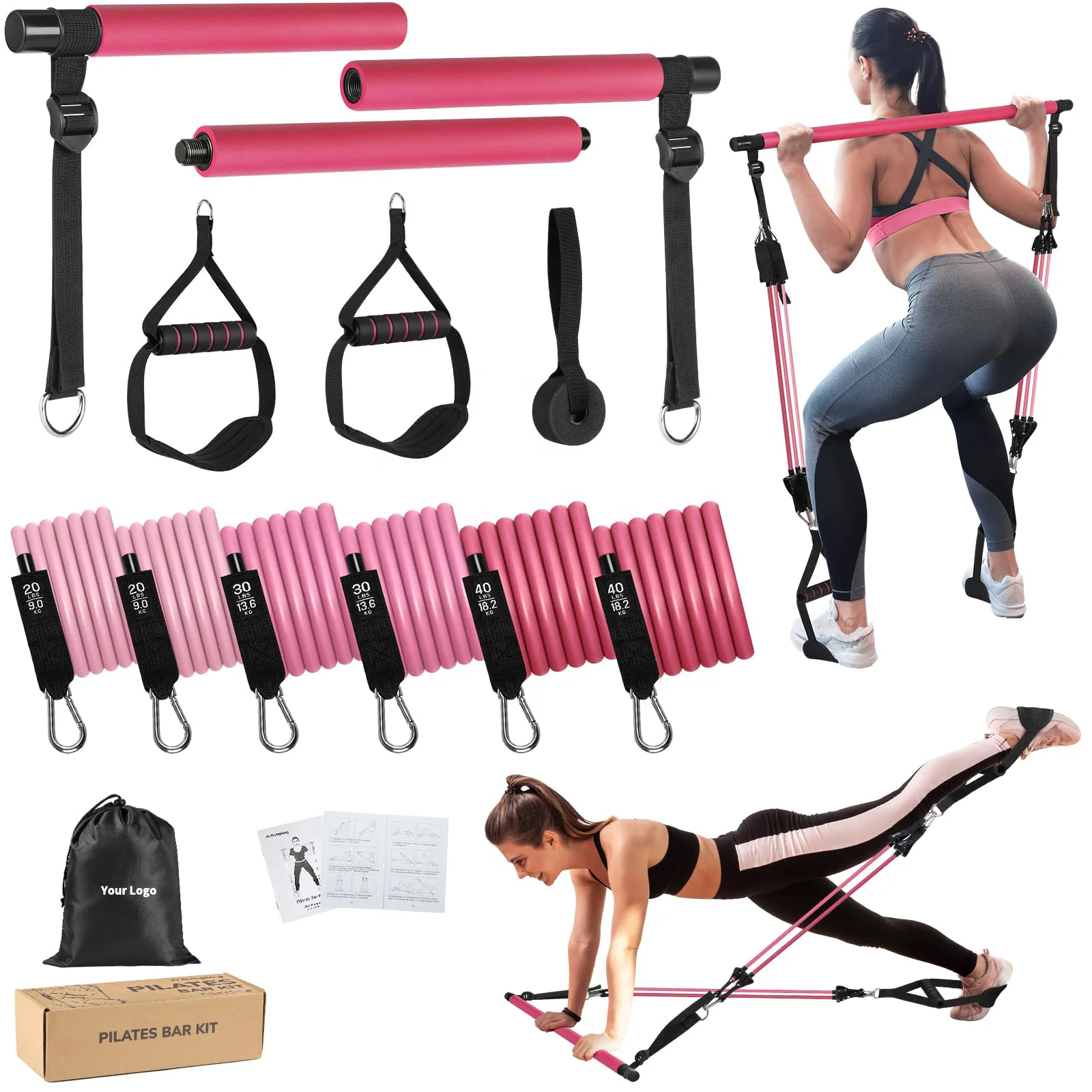 L0039 OEM/ODM színes pilates rúdkészlet, állítható természetes gumiból készült, 3 részből álló fitnesz-, jógához és pilateshez használható rúd ellenállási szalagokkal