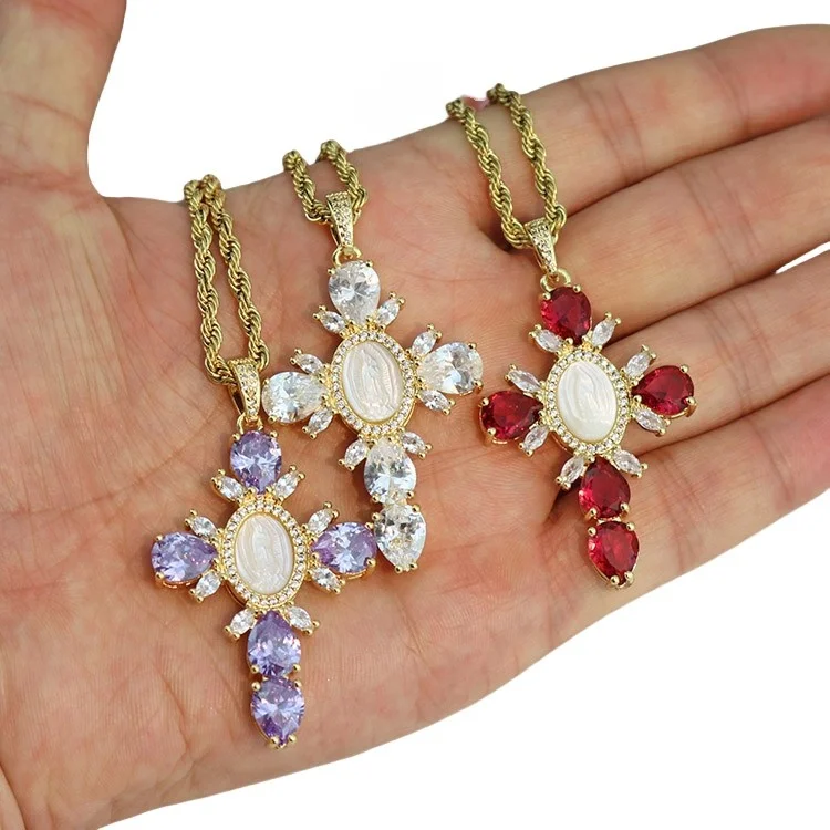 NZ1335 Cubic Zirconia CZ Micro Pave MOP Virgin Mary Cross Necklace