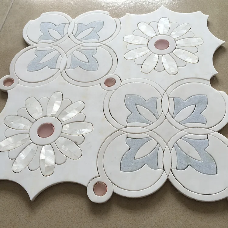 Natural Thassos White and Blue Marble Mix Mother of Pearl Shell Waterjet Flower Pattern Mosaic Tiles