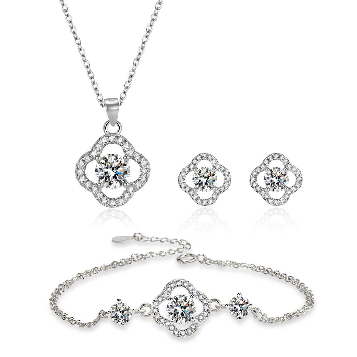 Fine Wedding Jewelry Set Soild 925 Sterling Silver Luxury Four Leaf