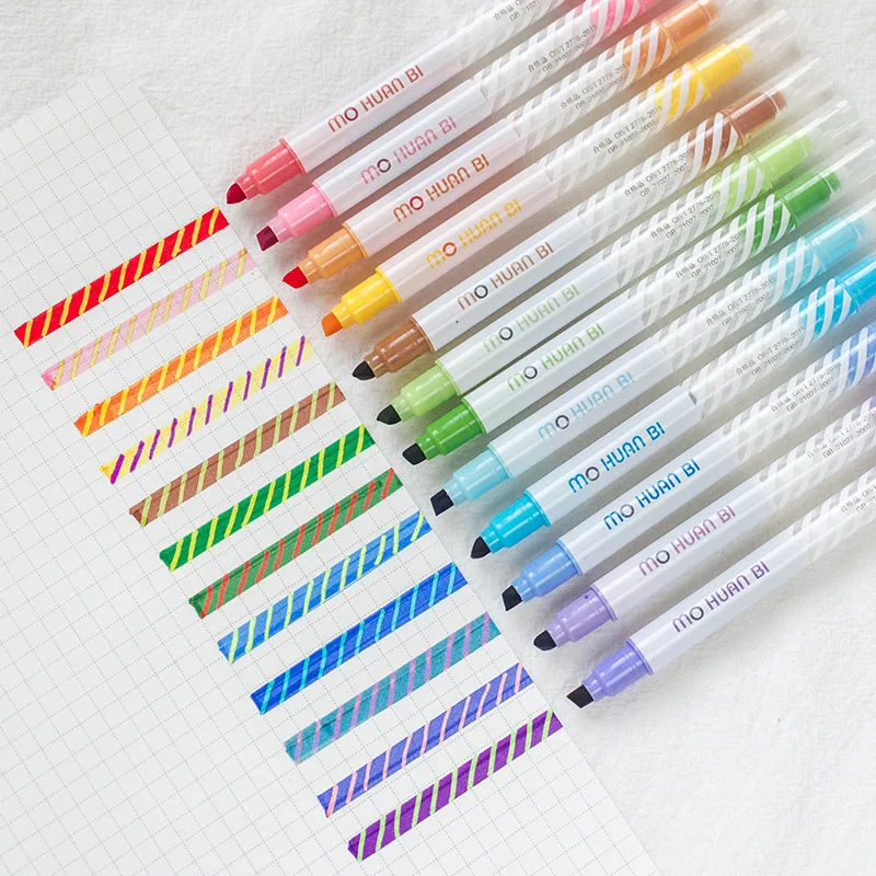 12pcs Creative Magic Color Highlighter Pen Color Changeable Hand Account Marker Pen Set Dual Tip Fluorescent Pen