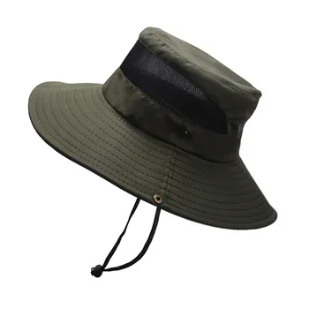 Wholesale Summer Outdoor Sunshade Breathable Mesh Solid Color Fisherman Wide Brim Hiking Bucket Hats With Windproof Rope