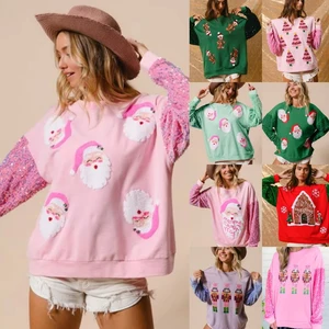 LYG New European American Women's  Clothing Versatile Christmas Sweatshirts Sweet Sequin Sleeves Embroidered