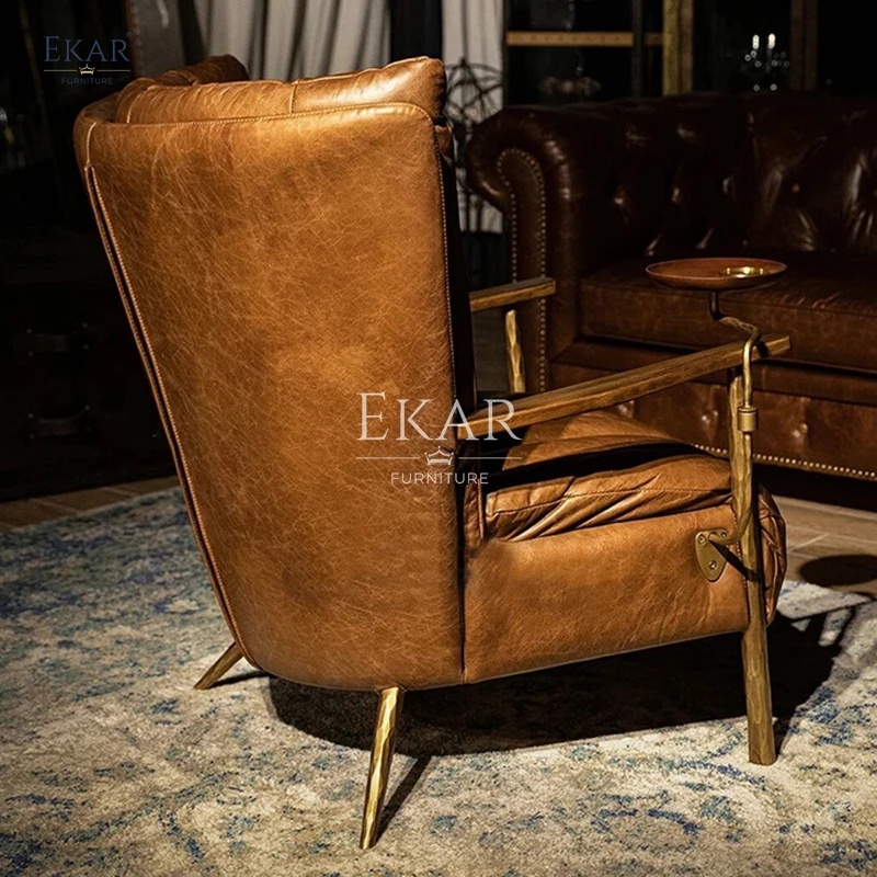 product new forged retro design copper and iron frame full leather armrest living room leisure chair-60