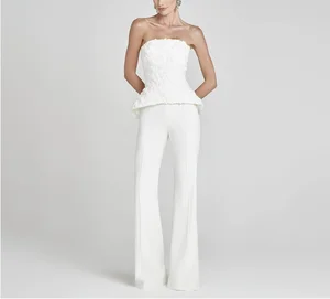 New White Strapless Long Pants Elegant High Waist Women's Fashion Casual Suit with Three-Dimensional Flowers