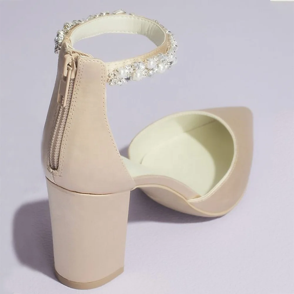 Elegant Bride Ankle Strap Pointed Toe Block Chunky Heel Wedding Shoes Party Women High Heels