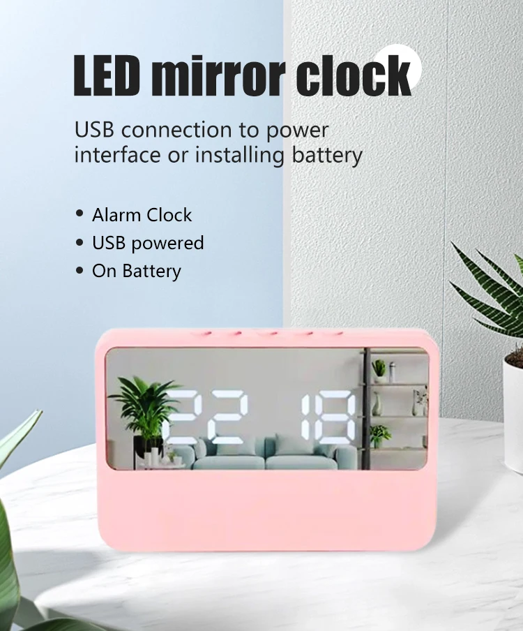 Digital Clock Snooze Alarm Cute Silent Mirror Desktop LED Electronic Clock for Student Children