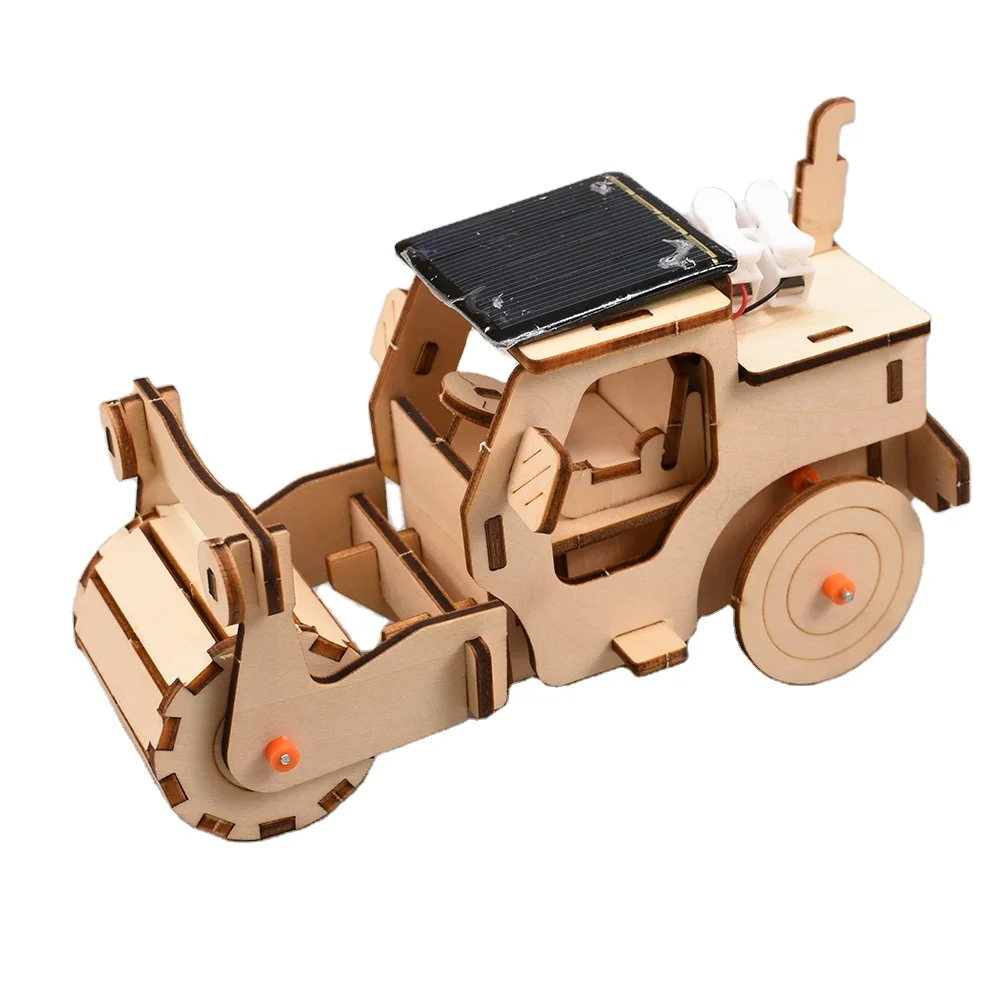 Solar Power Wooden 3D Road Roller DIY Education Solar Toy|