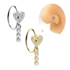 2026 New Design Heart Dangle Nose Stud Ring L Shaped Stainless Steel Gold Plated Heart Nose Piercing Fashion Women Nose Jewelry