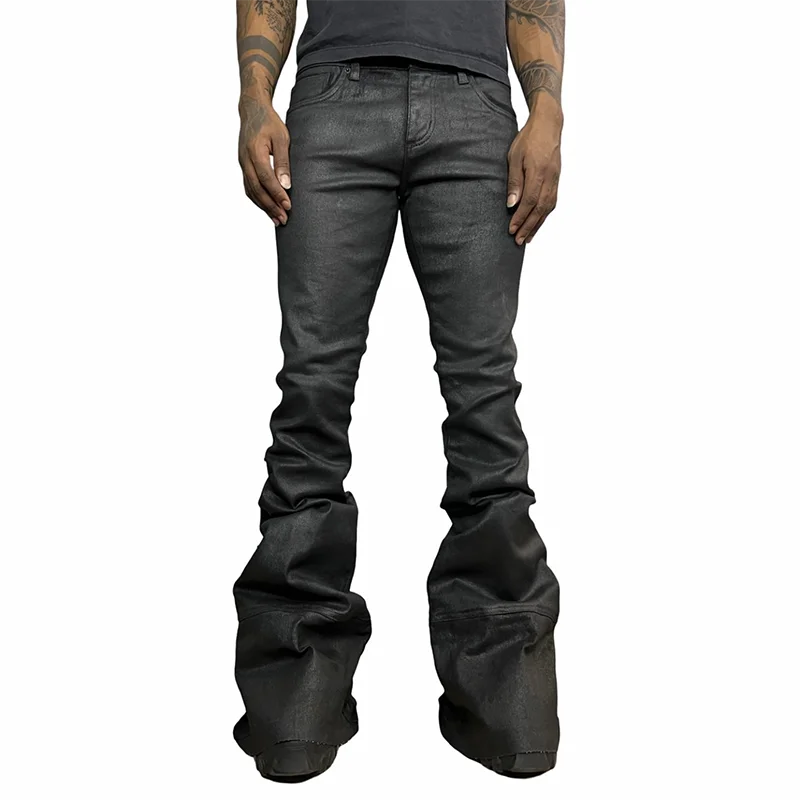 Custom Y2k Streetwear Washed Design Skinny Stacked Flared Waxed Black Jeans Men