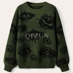 Autumn Winter Korean Crewneck Loose Medium Length Street-feeling Jacquard Acrylic Geometric Pattern Pullover Sweater Women