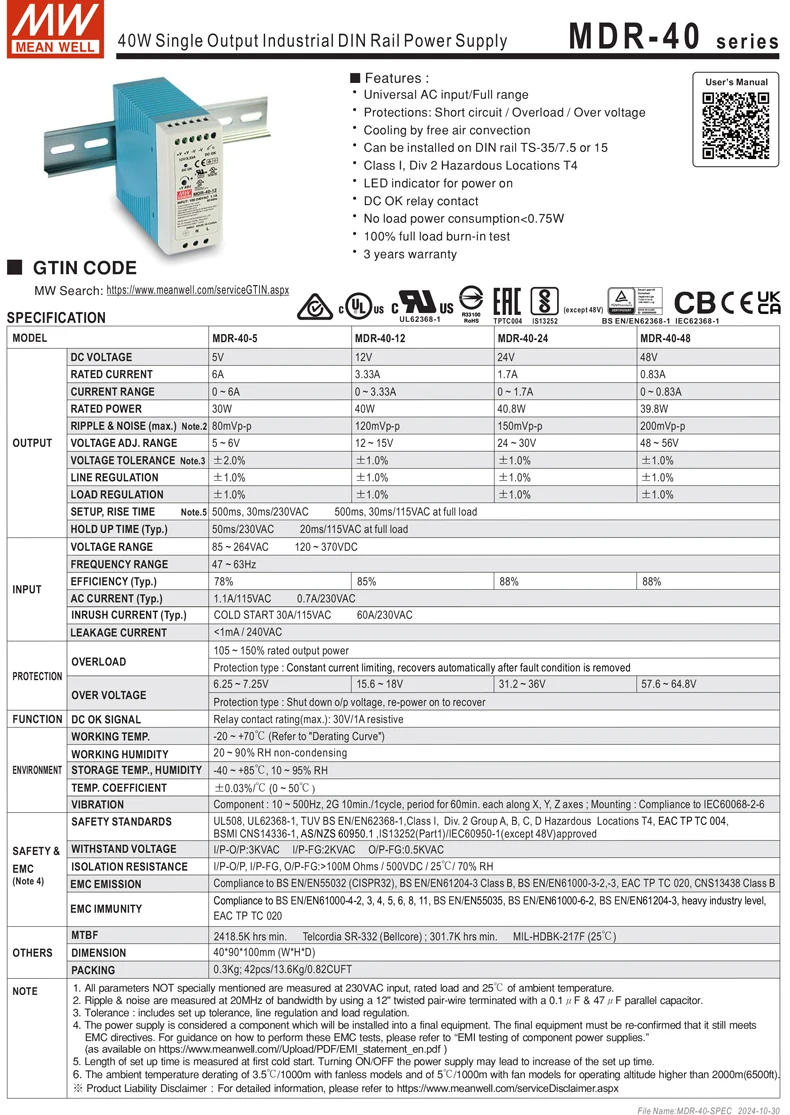 MEAN WELL MDR Series 10W to 100W DIN Rail Mount PSU Low No Load Loss <0.75W for Building Automation and Smart Home