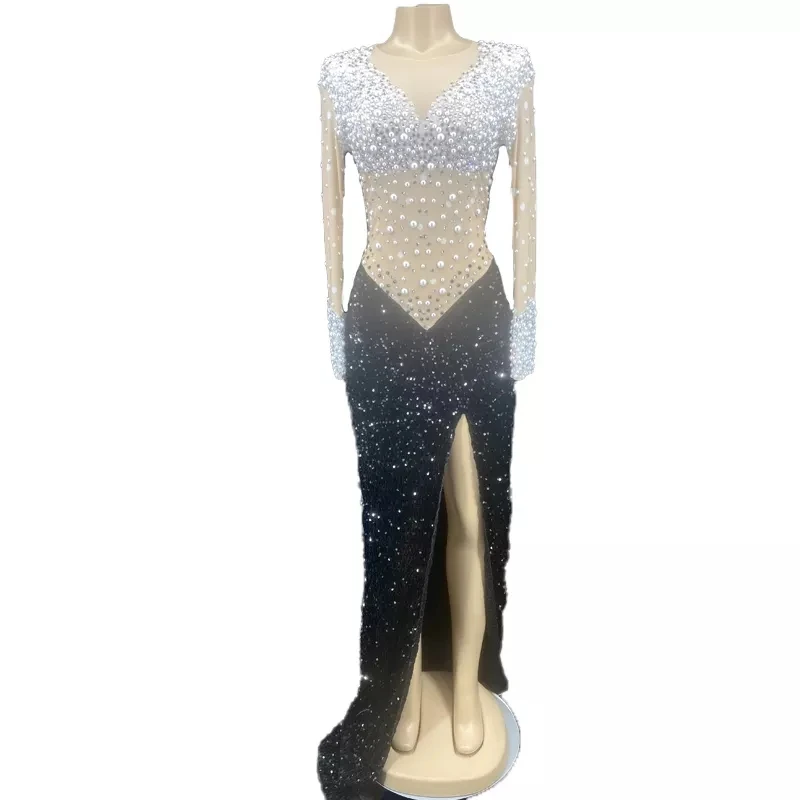 Dress 2022 Women Pearls Formal White Black Party Show Sparkly Diamond Mesh  Top Dress Elegant Birthday Dress