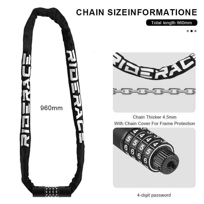 RIDERACE Bicycle Chain Lock Portable Anti-theft High Security MTB Mountain Bike Lock With 2 Keys for Scooter Electric E-Bike
