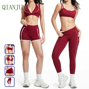 Custom Women's 4-Way Stretch Workout Yoga Wear Sets Contrast Color 5 Pieces Activewear Sports Shorts Fitness Girls Sets